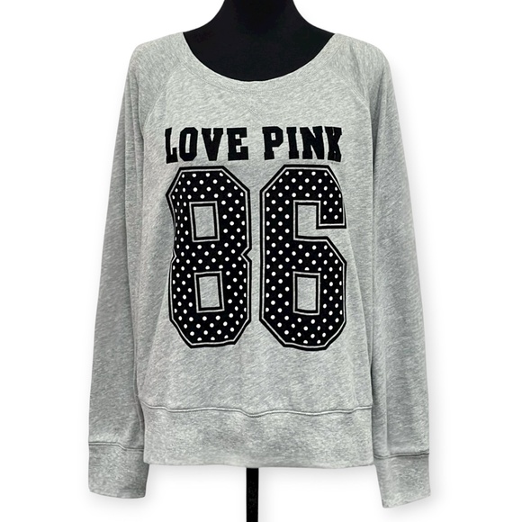 PINK Victoria’s Secret Velvet Logo Sweatshirt L Gray Love PINK Polka Dot Y2K - Picture 1 of 8